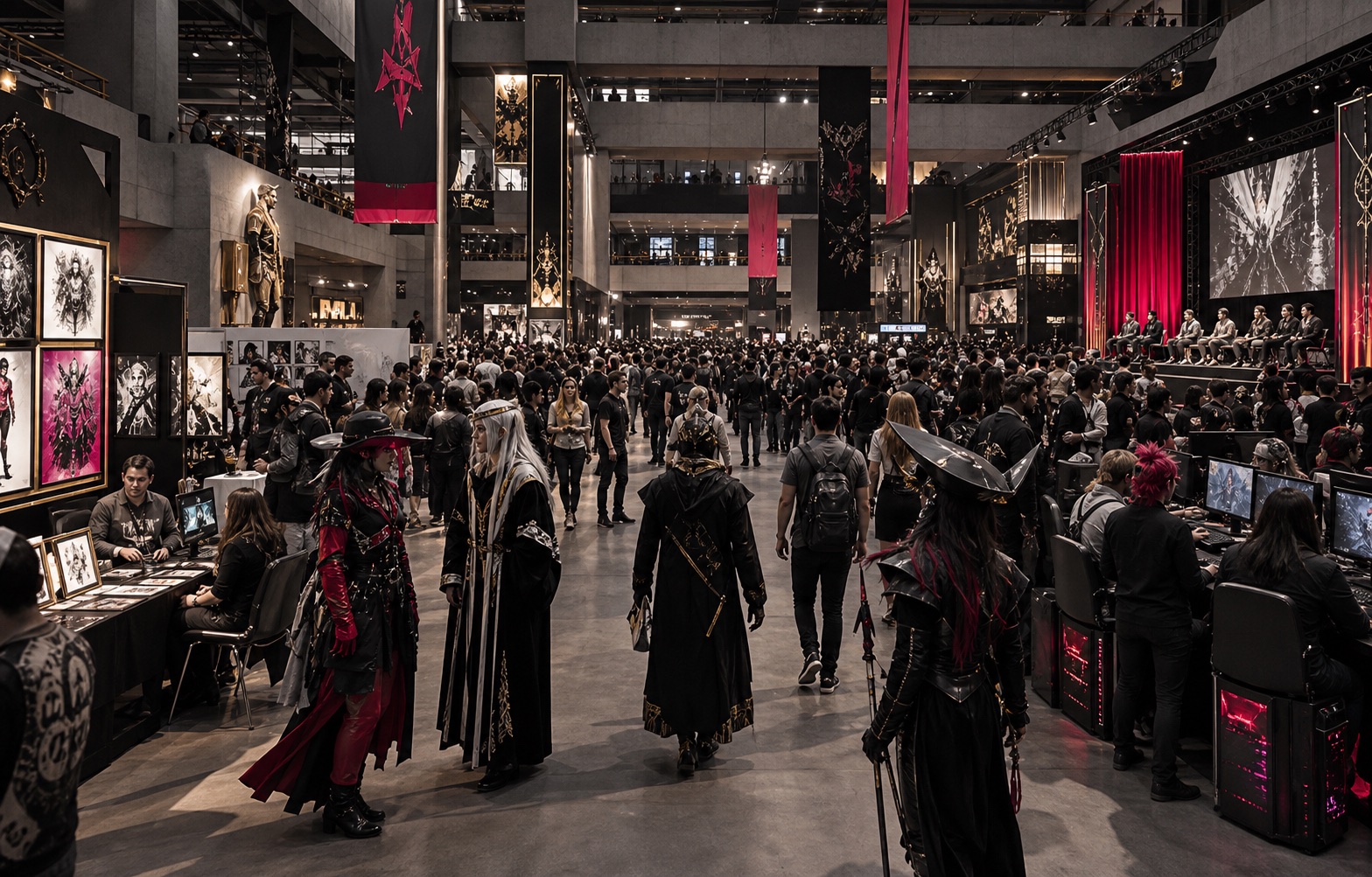 Fans and original costumed performers gathering inside a large pop culture convention